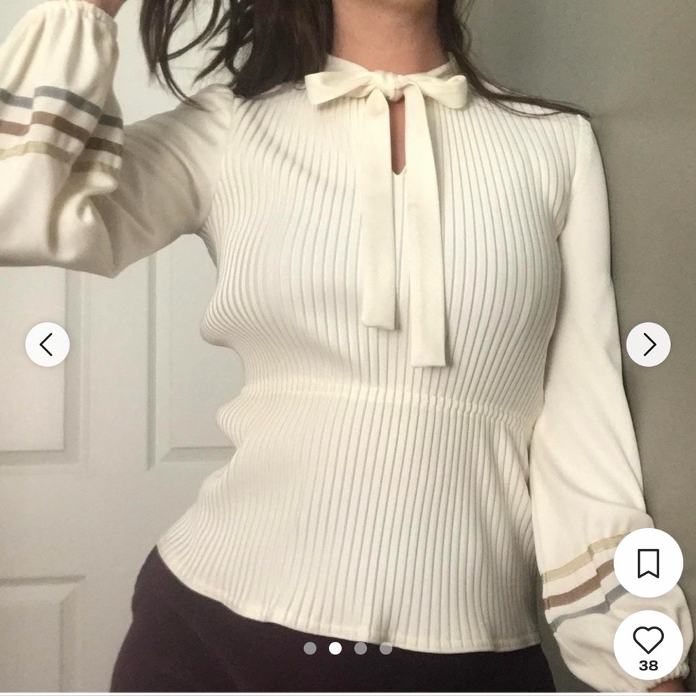 Vintage Andree Cream Blouse with Bow and Stripe Accents Trendy Fitted Chic